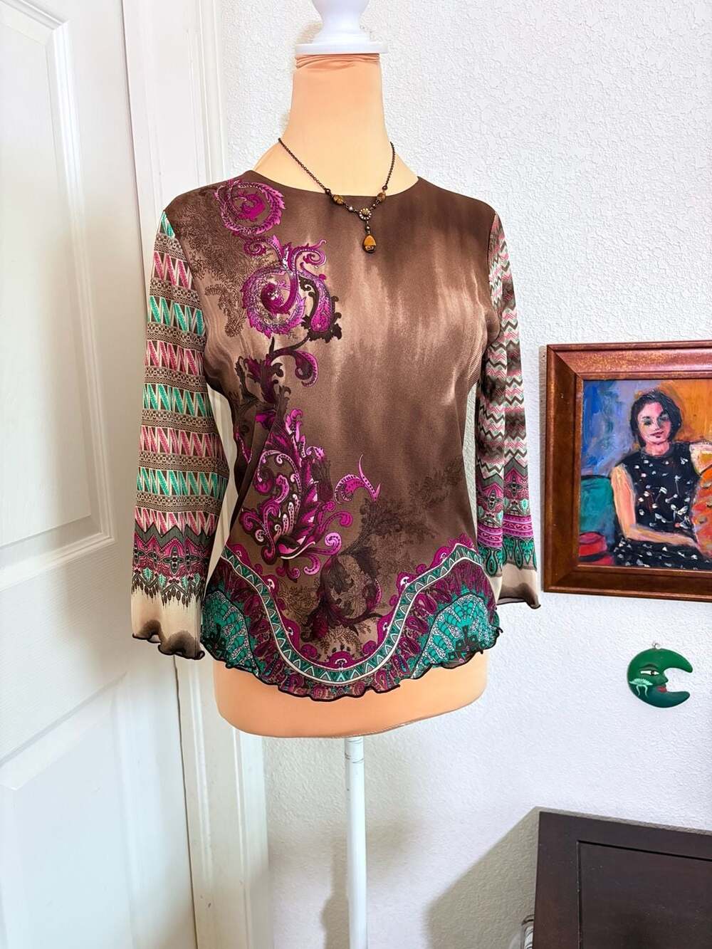 Anne Klein Blouse Size PS Brown Paisley Boho Geometric Long Sleeve Top